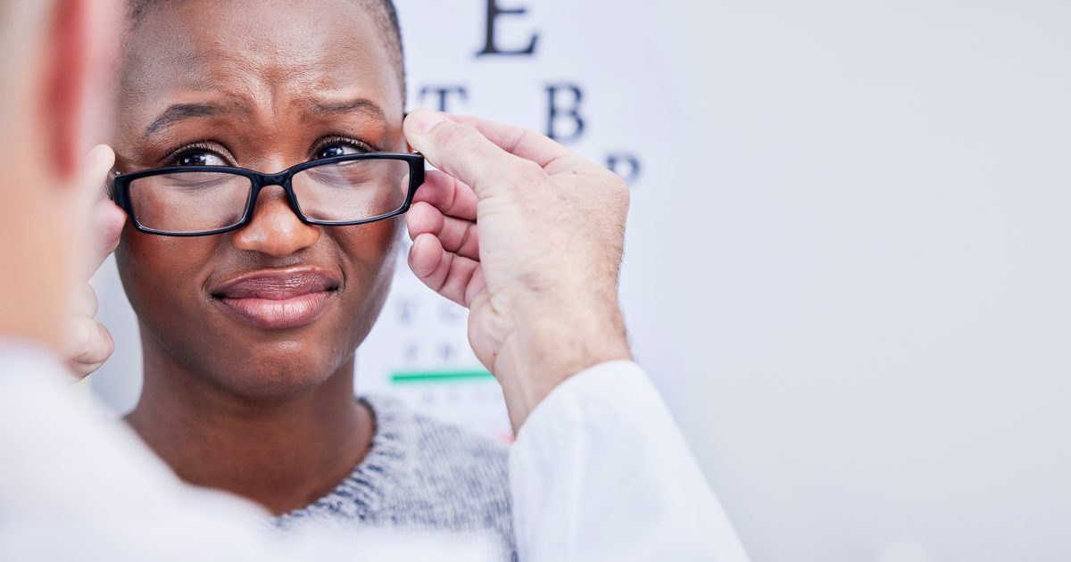 Woman, vision and doubt of optometry glasses in eye exam banner, test or assessment on clinic mockup space with optician. African customer, unhappy and confused face in prescription lens consultation